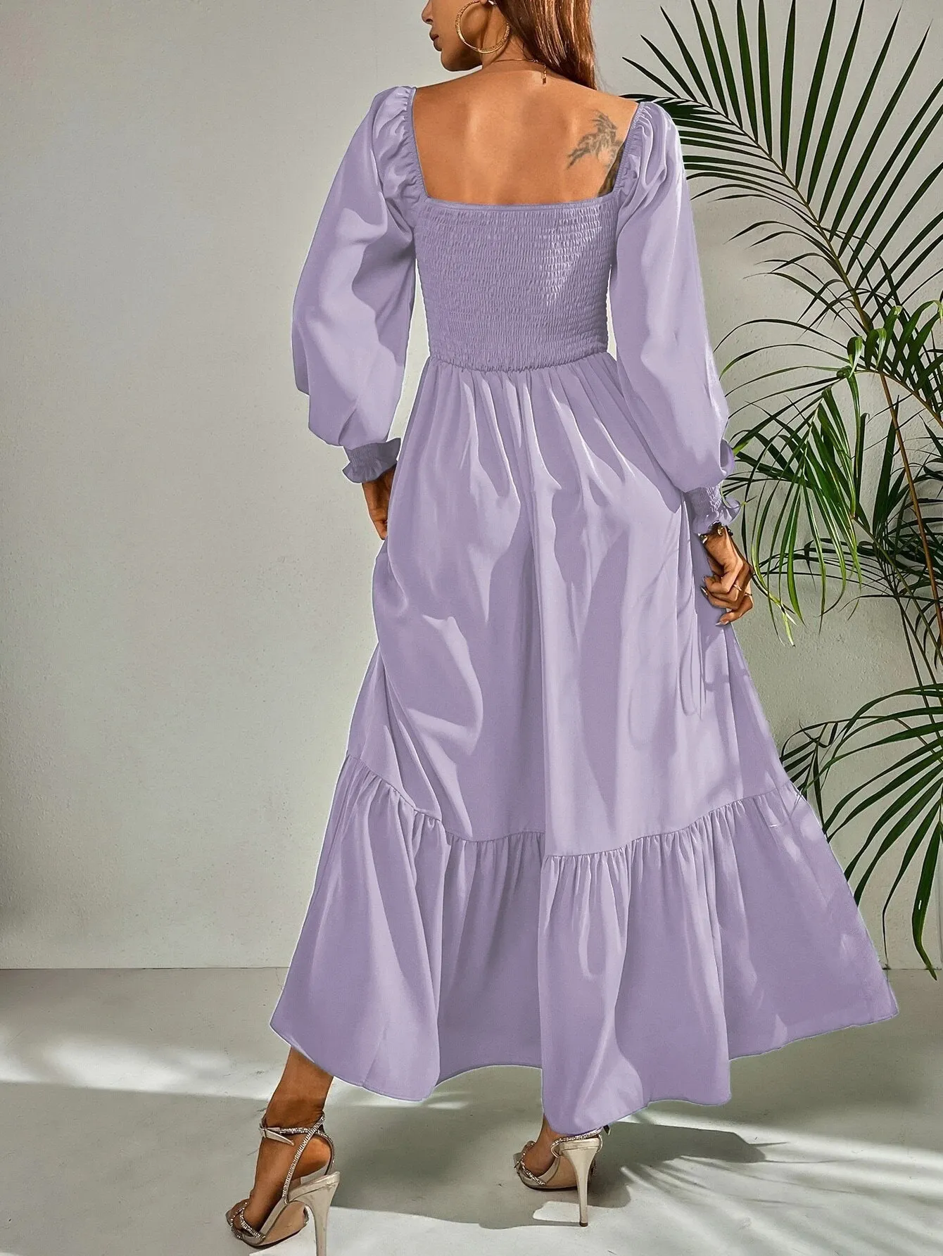Square Neck Long Sleeve Ruffled Maxi Dress